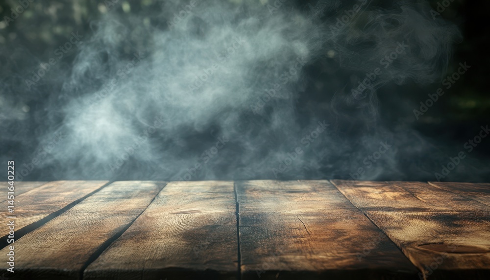 Leinwandbilder smoky atmospheric background with rustic wooden tabletop and blurred green foliage creating a myster