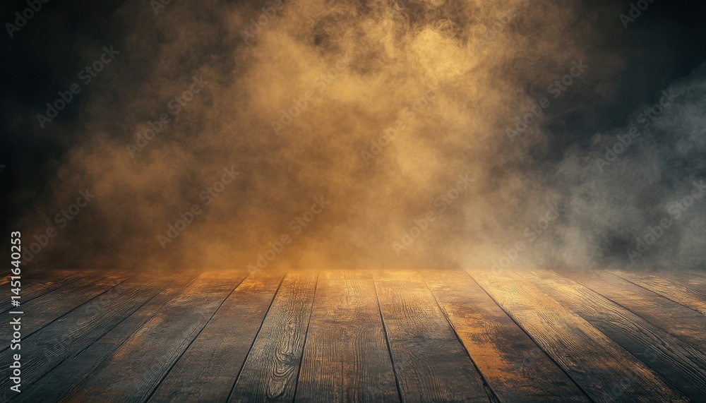 Poster Smoky Foggy Stage Background with Wooden Floor Texture in Dark Abstract Design Weathered Surface with Aged Material Grain and Vignette