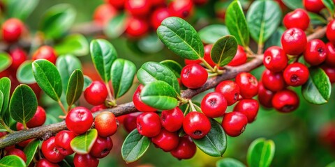 Obraz premium A close-up of bright red berries of bearberry cotoneaster with green leaves, nestled among foliage on a branch , plant, bearberry_cotoneaster