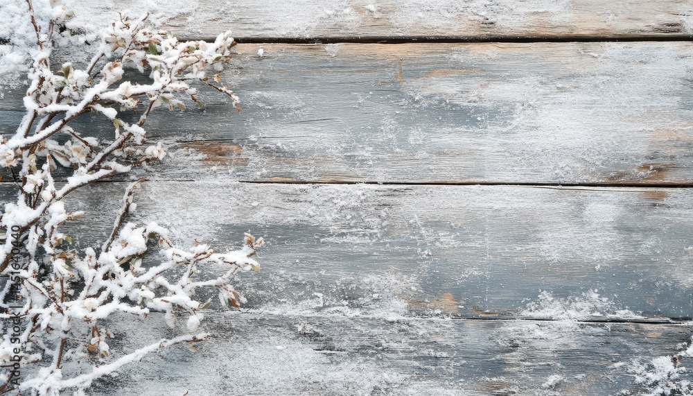 Poster snow covered gray wooden planks with bare branches a winter texture background with frost and ice cr