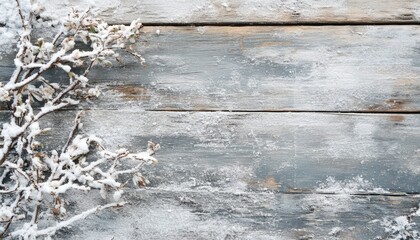 Snow Covered Gray Wooden Planks with Bare Branches a Winter Texture Background with Frost and Ice Creating a Rustic and Aged Surface for Christmas or Nature Themes