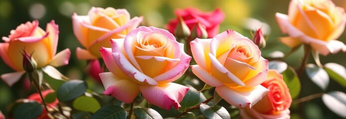 Vibrant yellow and pink roses in sunlit garden landscape © PlatypusMi86