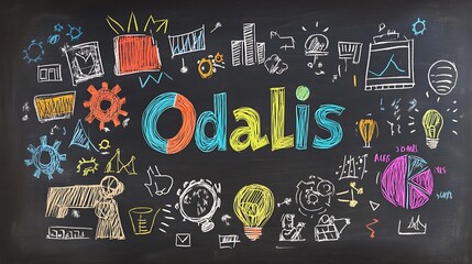 Digital vision board on blackboard, with "Odalis" in bold colorful chalk at the center, surrounded by hand-drawn icons like a globe, link chains, gears, and pie charts.