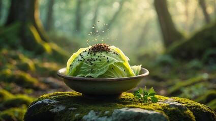 Obraz premium Preparing Healthy Cabbage Salad with Seeds in a Natural Forest Setting