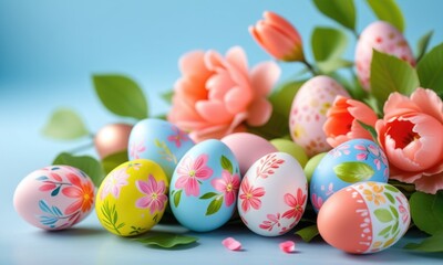 Fototapeta premium Colorful easter eggs with floral patterns surrounded by peonies on a bright background