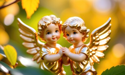 Fototapeta premium Golden cherub figurines in serenity amidst nature's radiant autumn glow