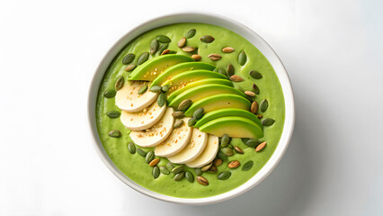 Fresh Fruit Smoothies Fresh green fruit smoothie bowl topped with sliced avocado, banana, and pumpkin seeds for healthy treat