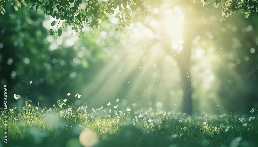 Aufkleber Sunlight Shining Through Trees onto a Green Grassy Field with White Flowers Creating a Peaceful and Serene Natural Scene with a Bokeh Background