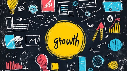 Hand-drawn chalkboard-style sales and marketing plan, centered yellow circle with colorful vector icons for communication, sales, and planning, with an upward-pointing arrow labeled "growth".