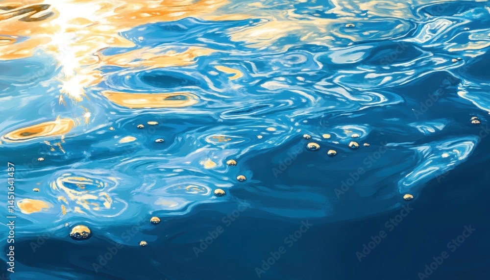 Poster sunlit turquoise blue water surface with ripples and refraction patterns creates a dynamic abstract 