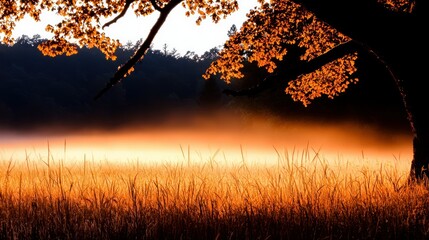 Golden sunlight shines upon a field with a distant treeline