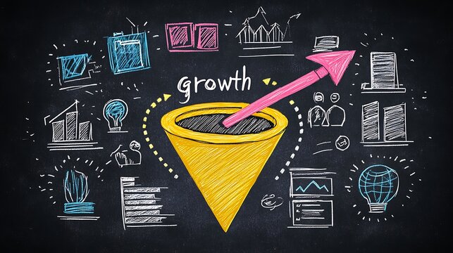 High-detail vector chalkboard illustration, central yellow chalk circle highlighting colorful icons of business planning, sales funnel, and team collaboration,