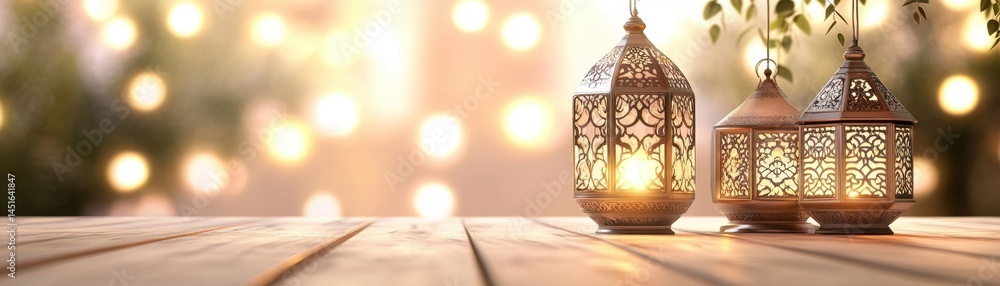 Poster two golden lanterns illuminate wooden surface under bokeh lights creating a warm festive atmosphere 