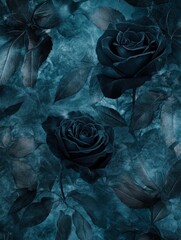 Obraz premium A botanical motif with glowing black roses and shadowy mist swirling between leaves 