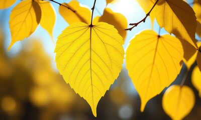 Obraz premium Golden autumn leaves in sunlight: closeup of vibrant yellow foliage