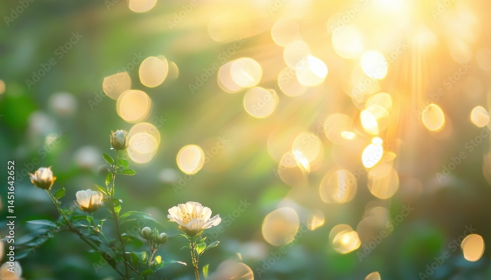 Poster white flowers blooming under bright sunlight with bokeh effect creating a dreamy and serene atmosphe