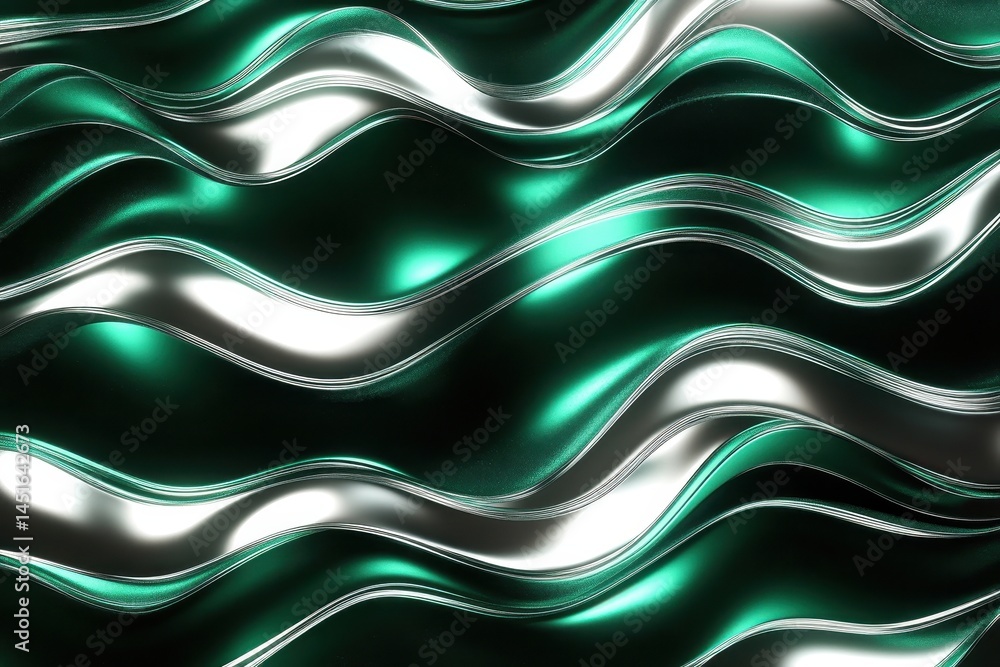 Aufkleber Wavy Abstract Background Texture in Green and Silver Gradient with Elegant and Modern Design Shiny Metallic Surfaces