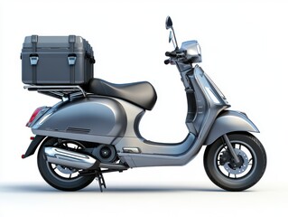 Silver Scooter with Black Storage Box on White Background