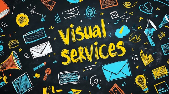 Vector chalkboard illustration with a comic influence, central title in bold chalk, surrounded by yellow-highlighted marketing keywords and hand-drawn symbols—bullhorns, targeting icons,