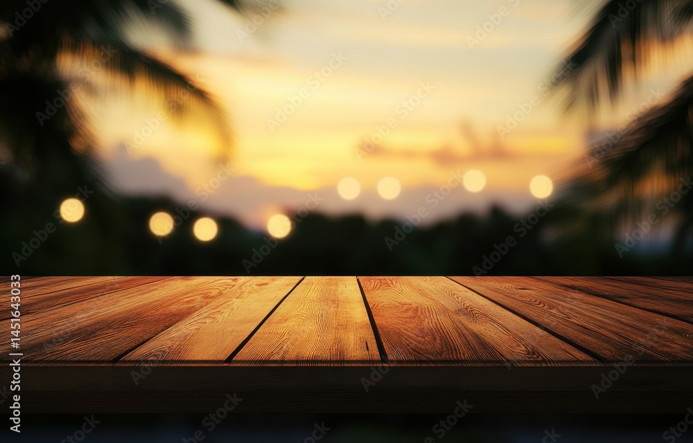 Poster wooden table top at sunset with palm trees silhouettes and blurred island background creating a trop