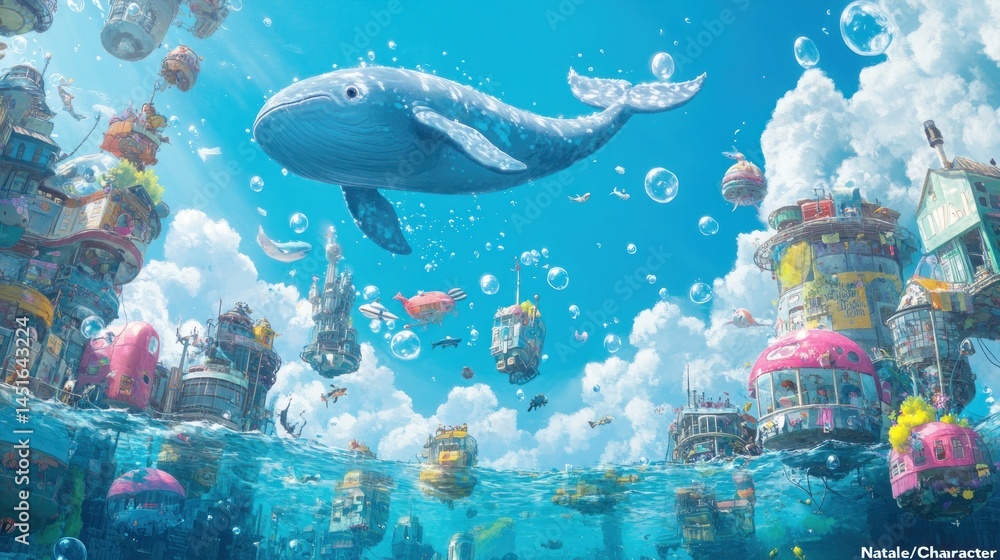Poster colorful underwater city with floating structures and a whale.