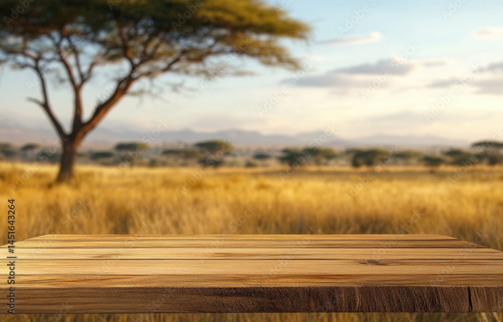 Poster wooden tabletop overlooking golden savanna grassland in africa with distant trees and mountains at s