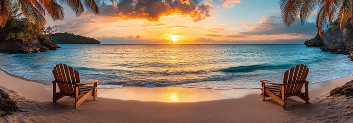 Sunset beach paradise: Adirondack chairs & tiki umbrella under fiery skies. Ideal for vacation, travel, summer promos. Serene tropical escape with copy space.