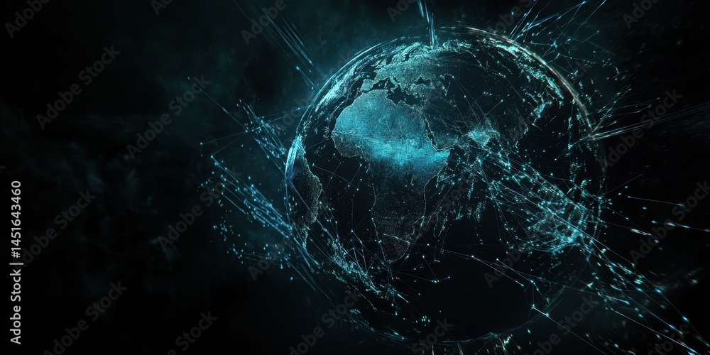 Fototapete abstract sphere glowing with blue lights in dark space background creates futuristic and technologic
