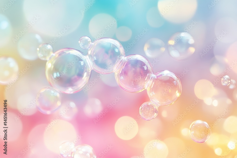 Poster abstract spherical soap bubbles floating in shimmering pastel background with rainbow iridescence