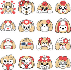 Cute girl dog emoji set with red flowers and expressive cartoon faces on white background

