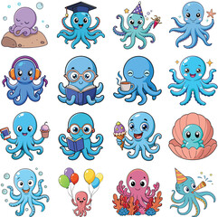 Cartoon octopus character icon set with cute sea animal in fun activities on white background

