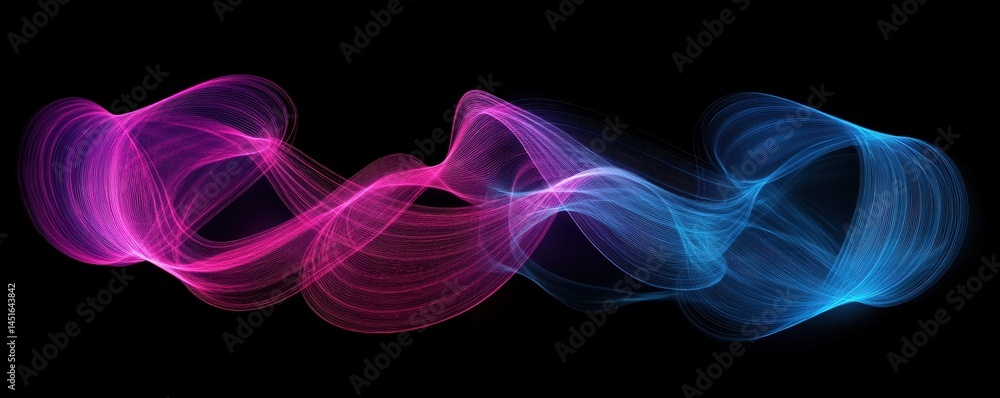 Poster Abstract Wave of Particles in Blue and Pink on Black Background with Dynamic Flowing Motion Futuristic Design and Modern Digital Art for Graphic Design Elements