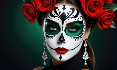 Colorful day of the dead face paint with red roses and intricate designs