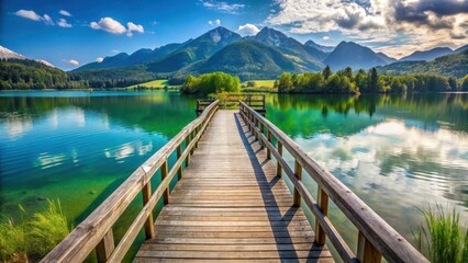 Fototapeta premium Wooden bridge spanning serene waters of Fuschlsee lake amidst lush greenery and surrounded by mountains, landscape