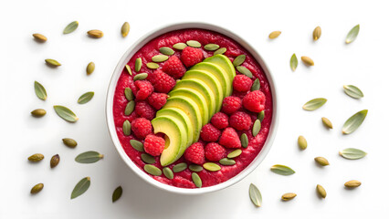Fresh Fruit Smoothies Fresh fruit smoothies bowl topped with avocado raspberry and pumpkin seed for healthy snack