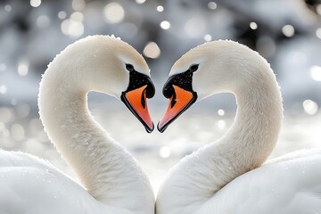 Fototapeta premium Two Swans Forming a Heart in Winter Wonderland