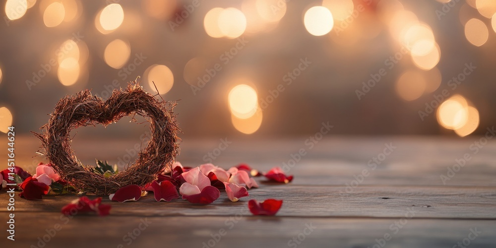 Aufkleber decorative heart shape with red rose petals on rustic wooden table with soft bokeh background for va