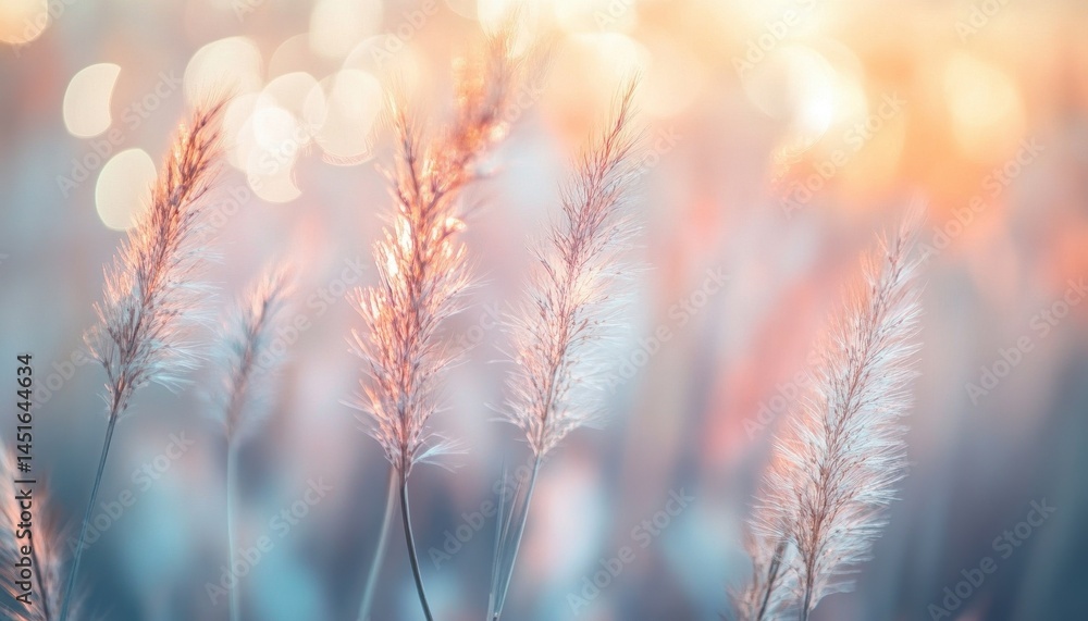 Poster delicate grass plumes glowing with bokeh sunlight on a meadow in warm golden hues creates a dreamy a