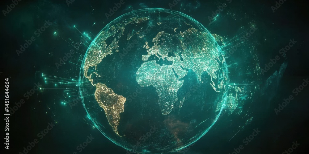 Poster Digital World Globe with Glowing Connections on Dark Background Represents Global Communication and Technology Advancement Depicting Network of Data and Futuristic Design