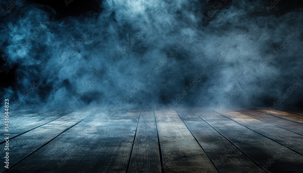 Aufkleber dramatic blue smoke over dark wooden floor creating a mysterious atmospheric background with vapor a