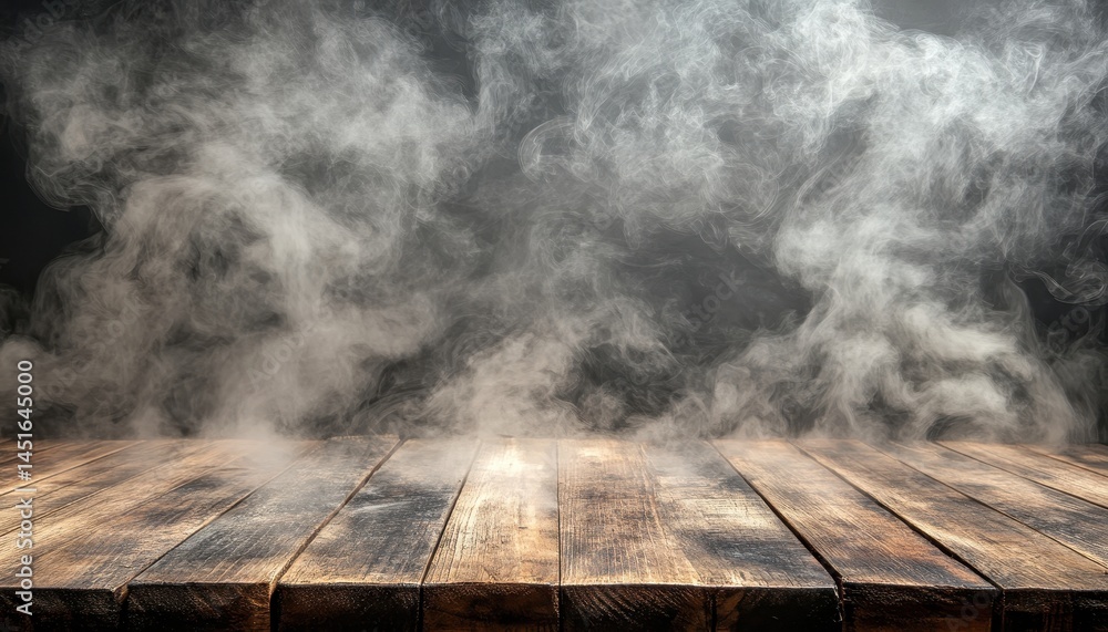 Aufkleber dramatic misty smoke overlays on rustic wooden planks with dark background creating an atmospheric t