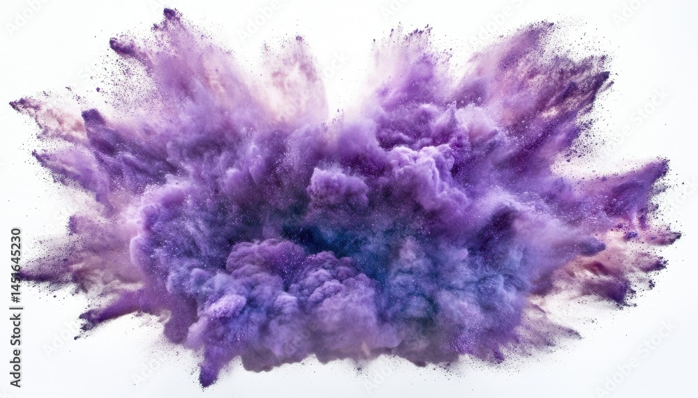 Fototapete Dramatic Purple Powder Explosion Against White Backdrop in Studio Setting Creating Abstract and Vibrant Cloud of Color and Dust with Dynamic Motion and Artistic Visual Impact