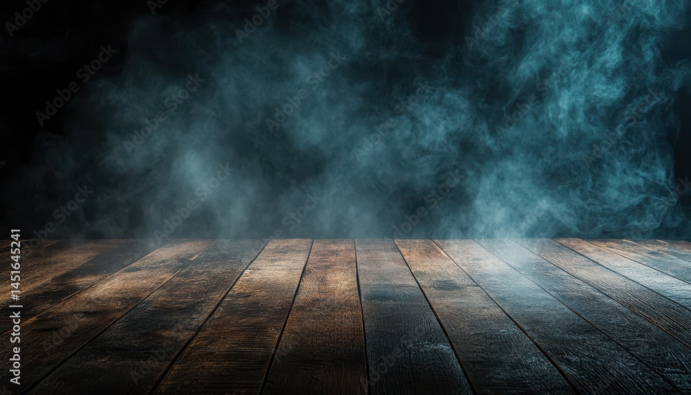 Leinwandbilder dramatic scene of blue fog on a dark wooden table with textured surface in dimly lit interior space 