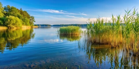 Fototapeta premium Serene Shallow Water with Reeds and Aquatic Plants along the Quiet Scharm?tzelsee Lake Shore in Brandenburg Germany