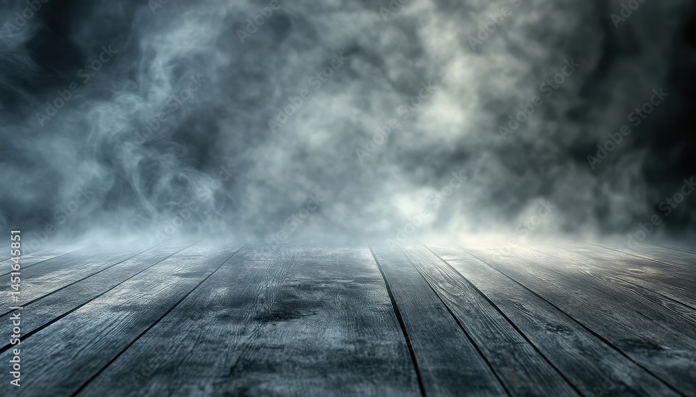 Poster Dramatic Stage with Heavy Fog and Light on Wooden Planks in a Dark Setting Ideal for Theatrical Productions and Atmospheric Backgrounds