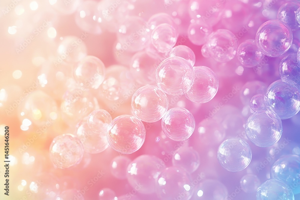 Poster dreamy soft focus soap bubbles against pastel pink and blue background creates an abstract and gentl