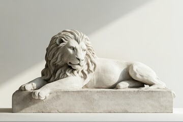 Elegant,  white marble lion sculpture resting on a plinth.