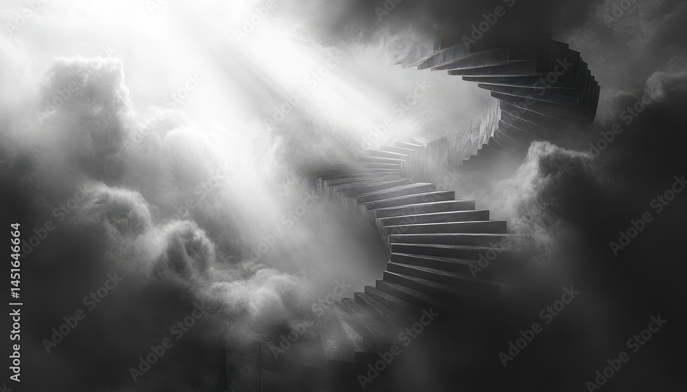 Poster ethereal staircase to sky in clouds with monochrome tone and dramatic lighting rendering art