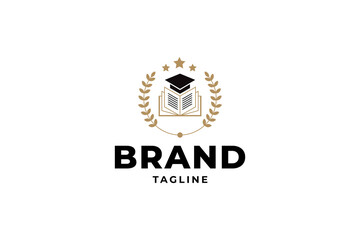 Education logo with graduation cap and open book in luxury gold color classic design style