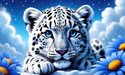 Fototapeta premium Adorable snow leopard cub with blue eyes surrounded by dreamy clouds and bright flowers